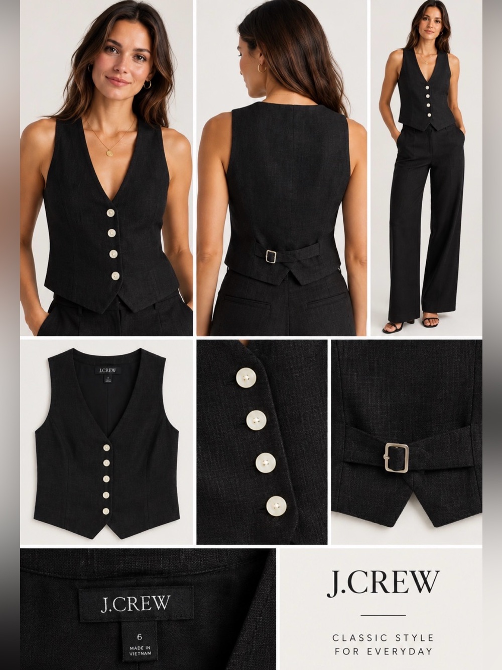 J.Crew Slim-Fit Linen Blend Vest Black with Button Front Size 6